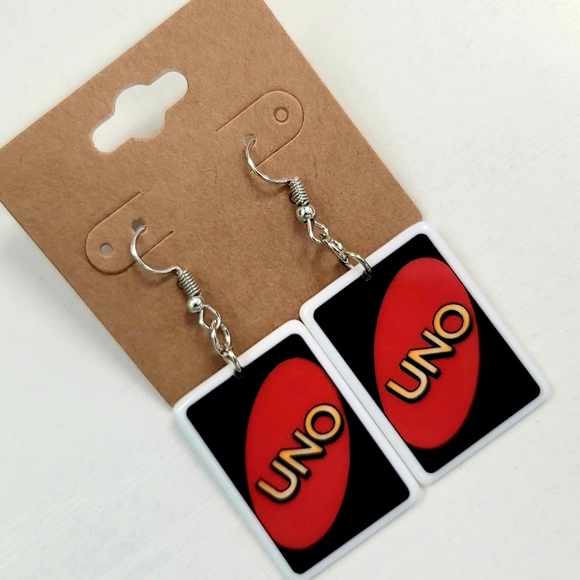 Uno draw 4 earrings cool unique black red  game - Picture 2 of 2
